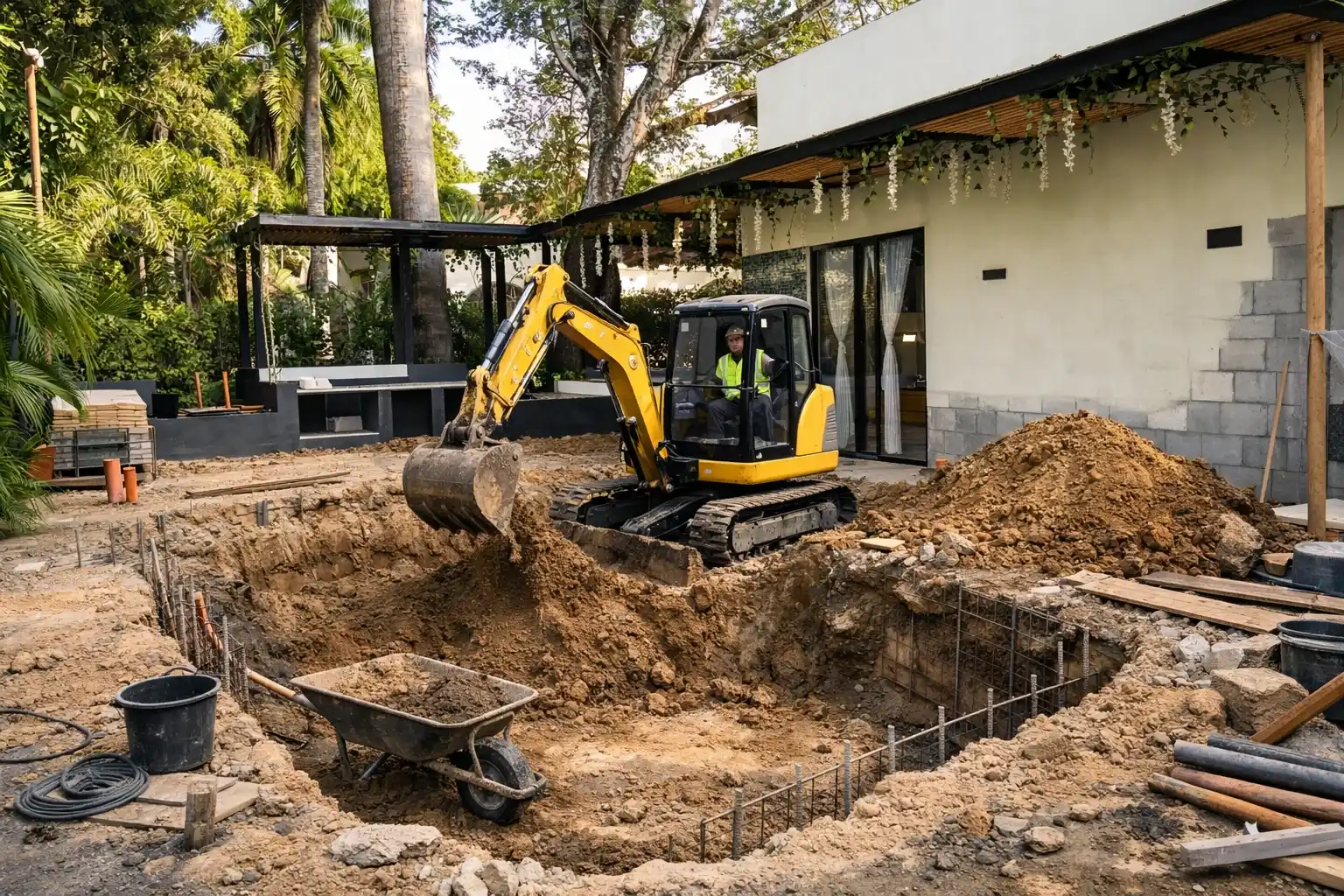 Construcción de piscina como parte del proceso para construir una casa paso a paso en Bogotá