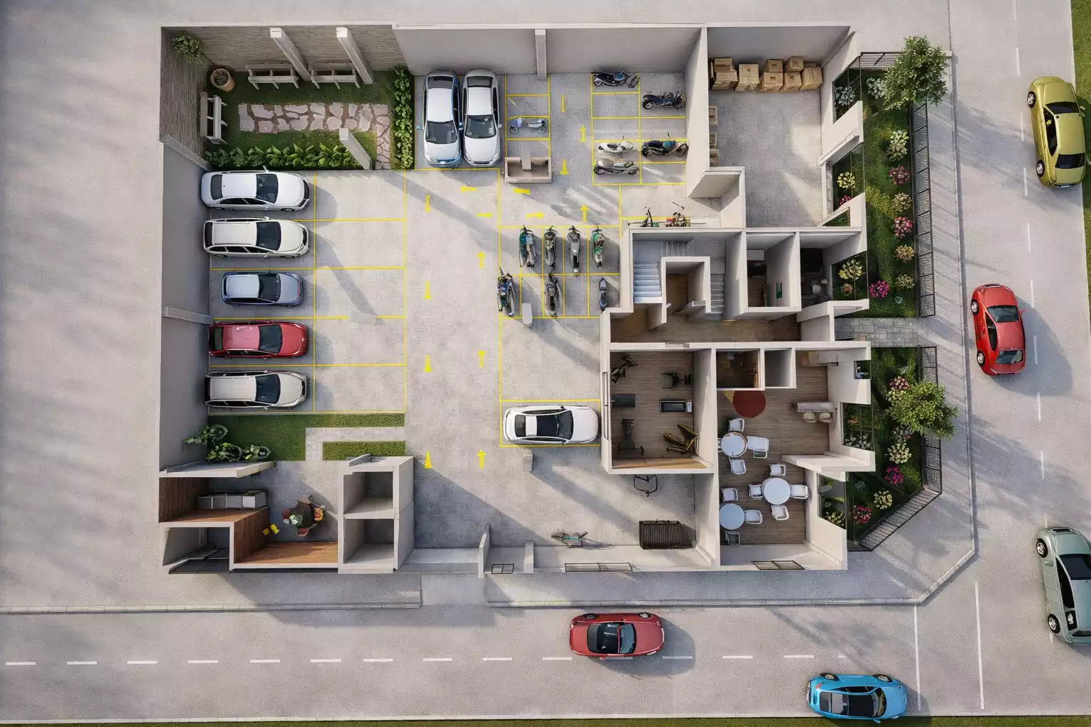 Planta arquitectónica de primer piso de edificio en Bogotá con distribución funcional, diseño completo y planos listos para construir.