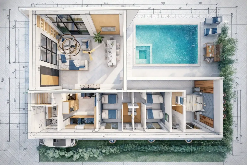 Arquitecto en Usaquén Bogotá diseño arquitectónico residencial con piscina y espacios modernos