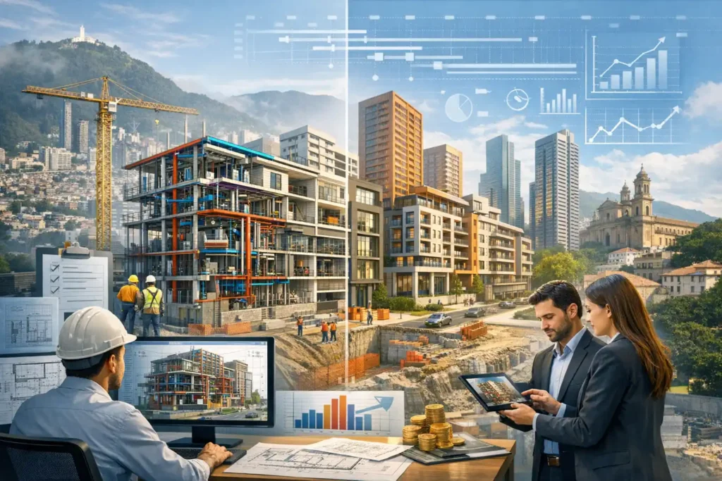 Modelo BIM para proyectos inmobiliarios en Bogotá mostrando coordinación de arquitectura, estructura e instalaciones en un desarrollo urbano.