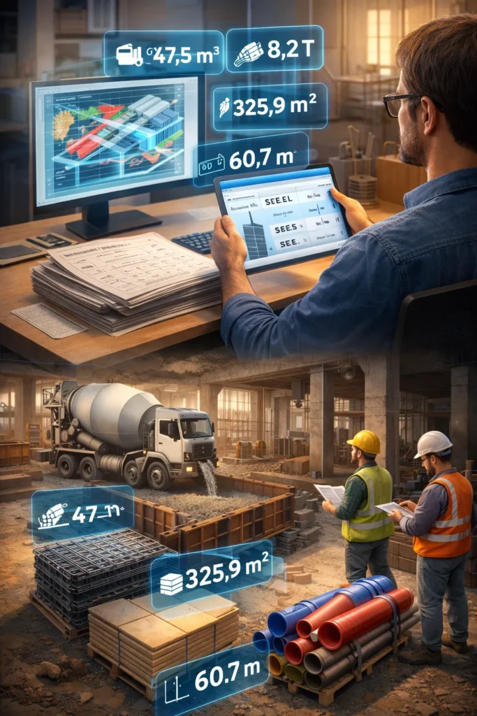 Modelo BIM mostrando extracción de cantidades de obra para controlar presupuesto y evitar sobrecostos en construcción