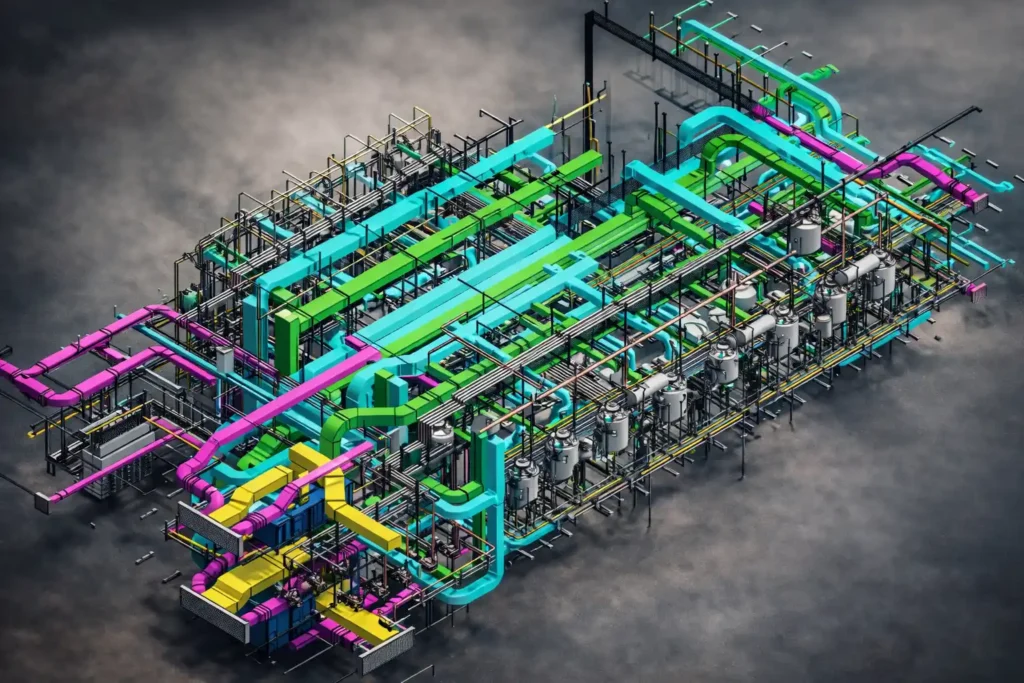 Instalaciones detalladas en Modelo BIM en Bogotá con redes hidráulicas, sanitarias y eléctricas coordinadas para construcción