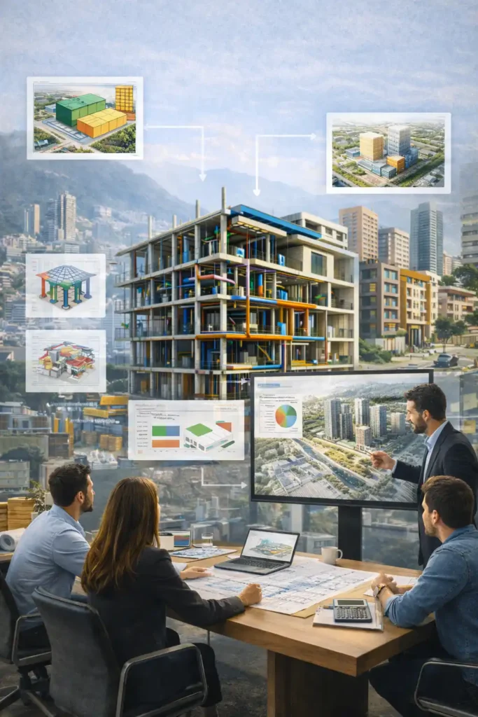 Qué incluye nuestro servicio BIM para proyectos inmobiliarios en Bogotá, mostrando coordinación de arquitectura, ingeniería y planificación técnica del proyecto.